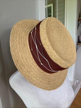 Olive & Pique Straw Boater Hat Brown Beaded Grosgrain Band